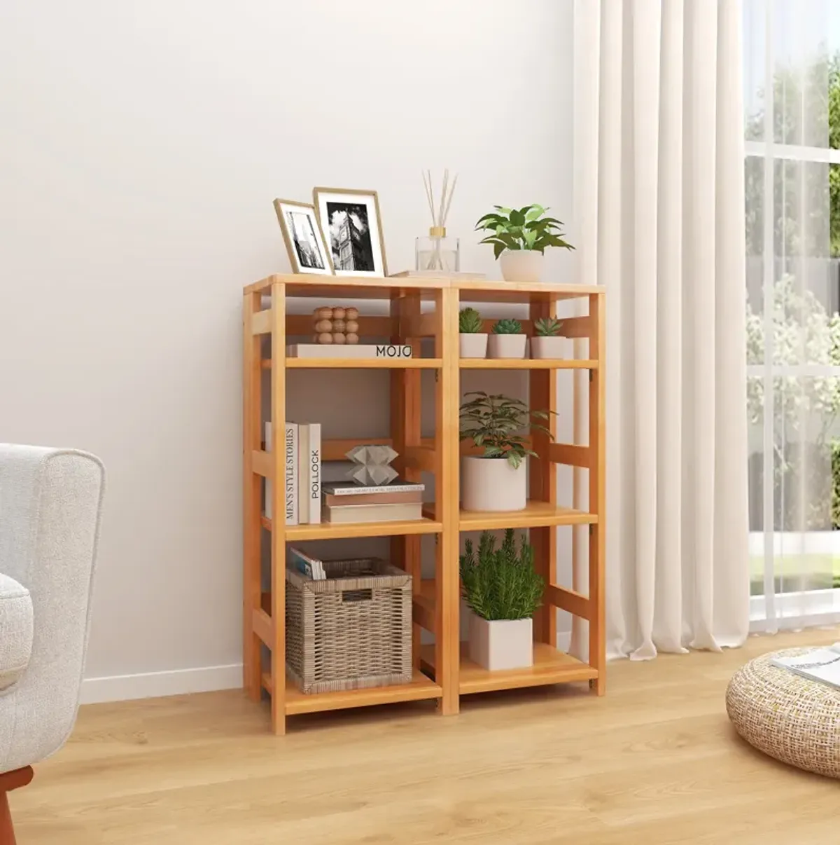 4-Tier Bookshelf Rubber Wood Bookcase with Side Fences for Living Room