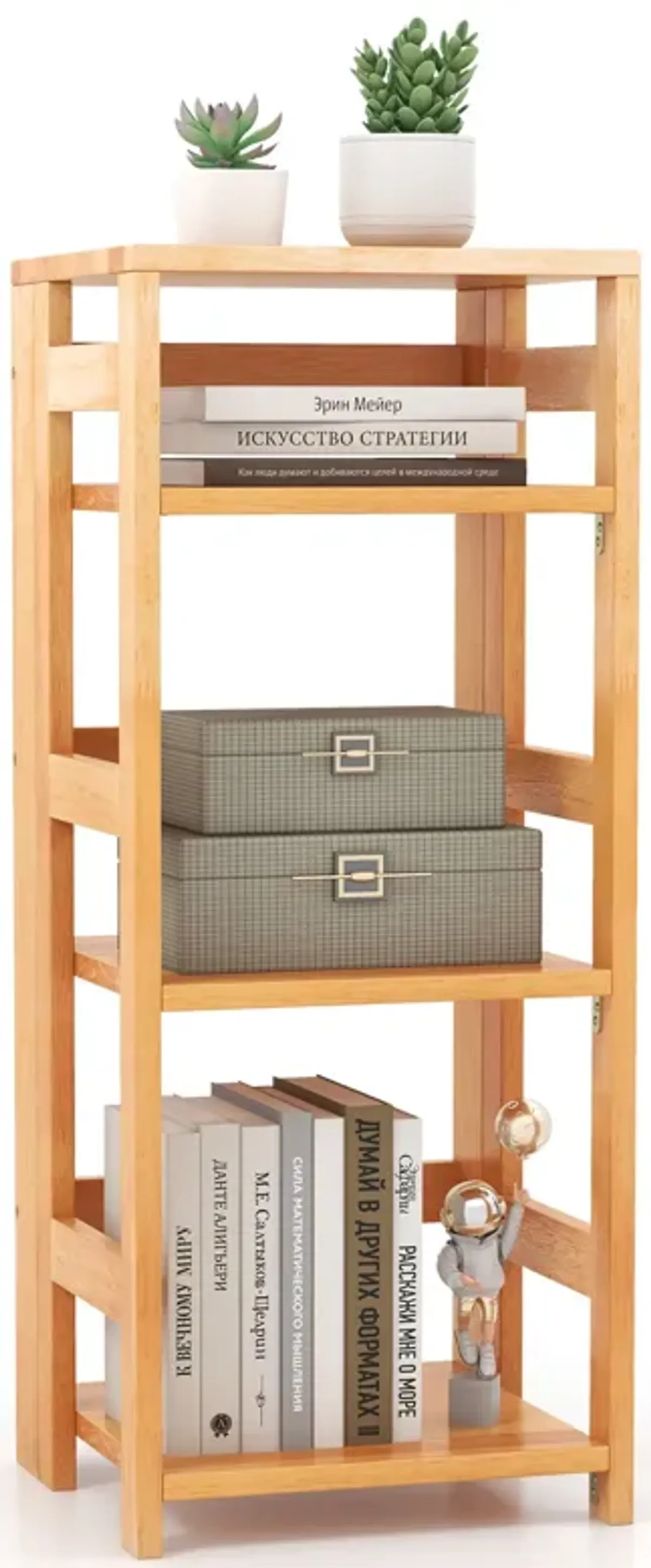 4-Tier Bookshelf Rubber Wood Bookcase with Side Fences for Living Room