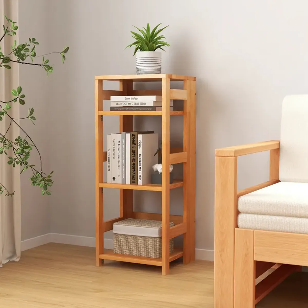 4-Tier Bookshelf Rubber Wood Bookcase with Side Fences for Living Room