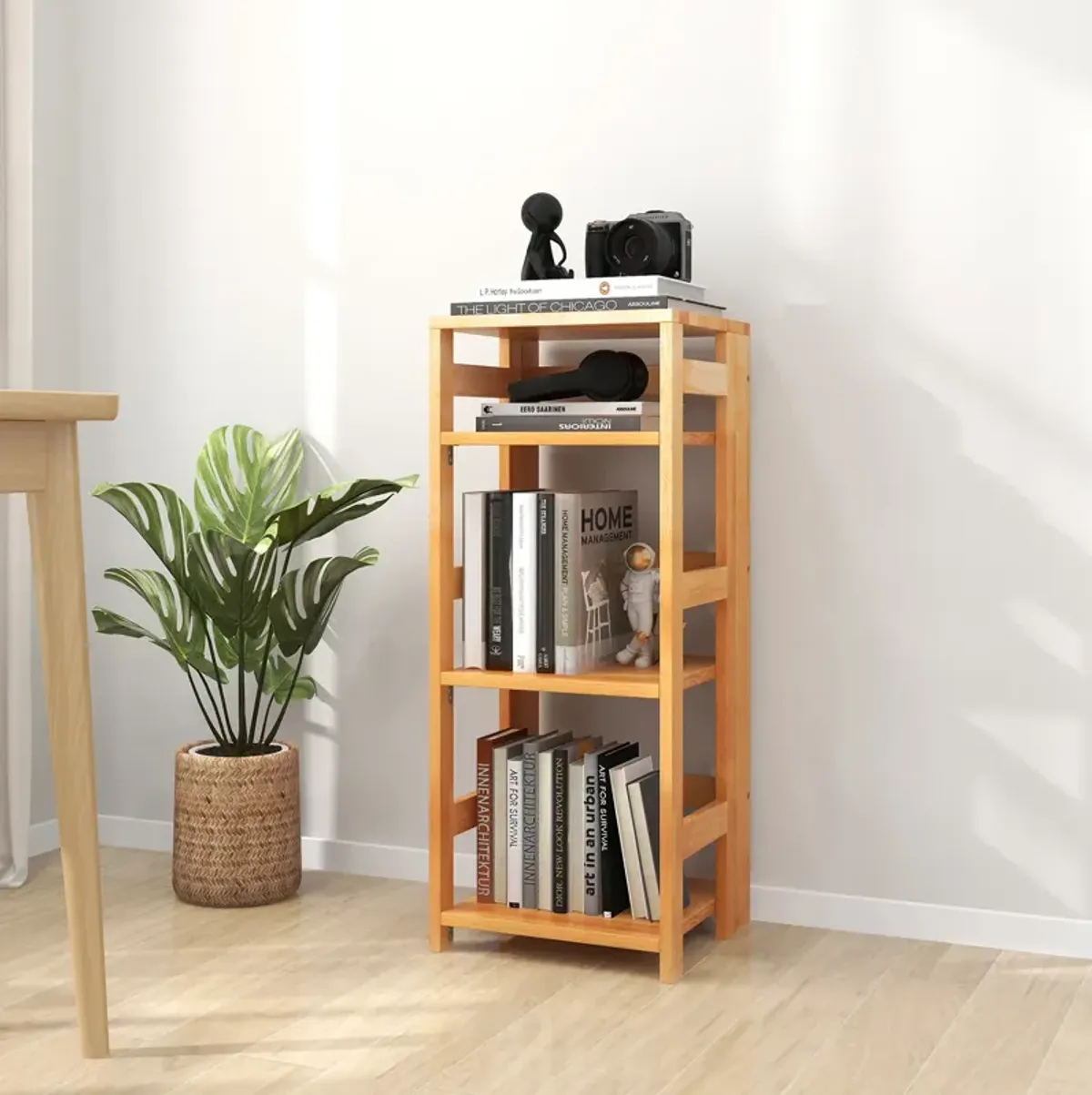 4-Tier Bookshelf Rubber Wood Bookcase with Side Fences for Living Room