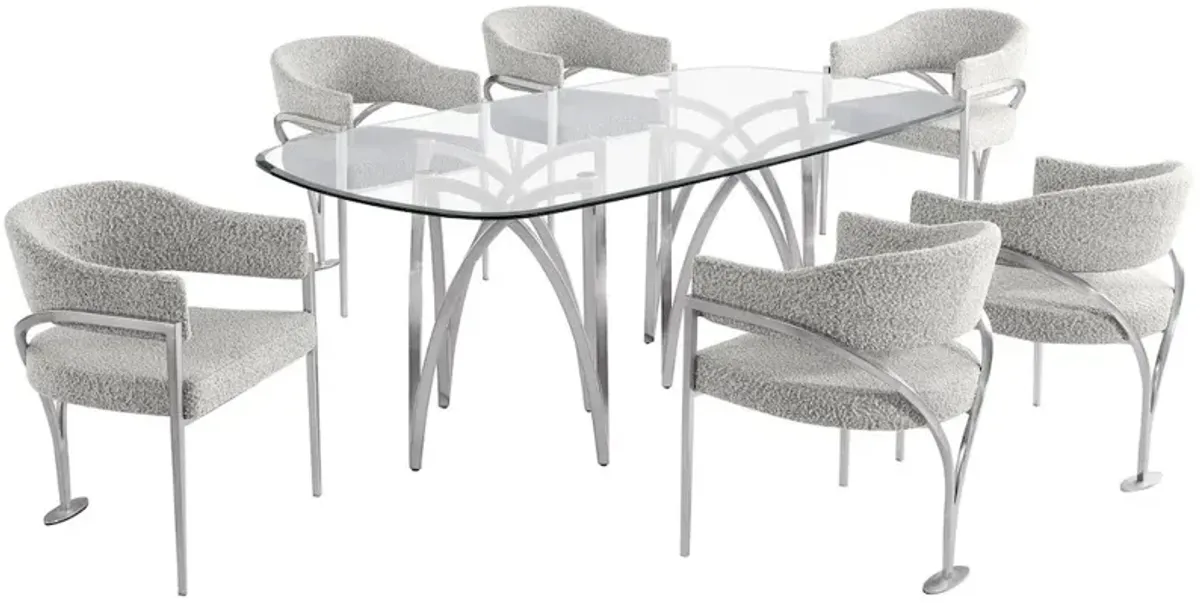 Best Quality Furniture 7Pc Tempered Glass Dining Table Set 6 Rich Gray Matte Silver Side Chairs