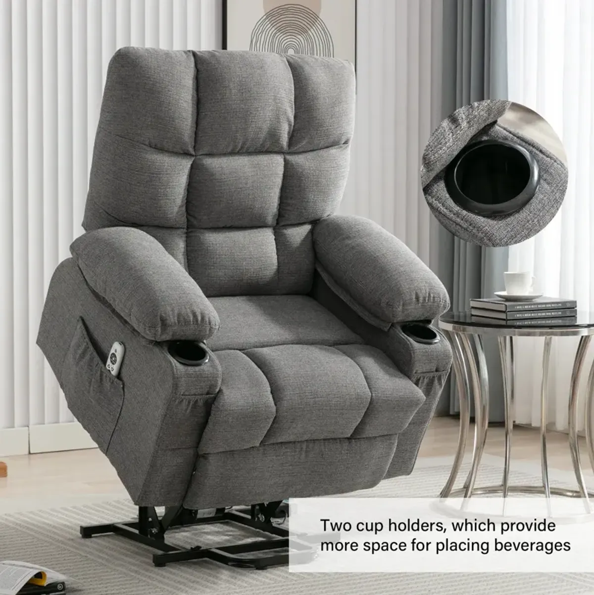 37.8 in. W Fabric Recliner with Remote Control, Tufted and Storage