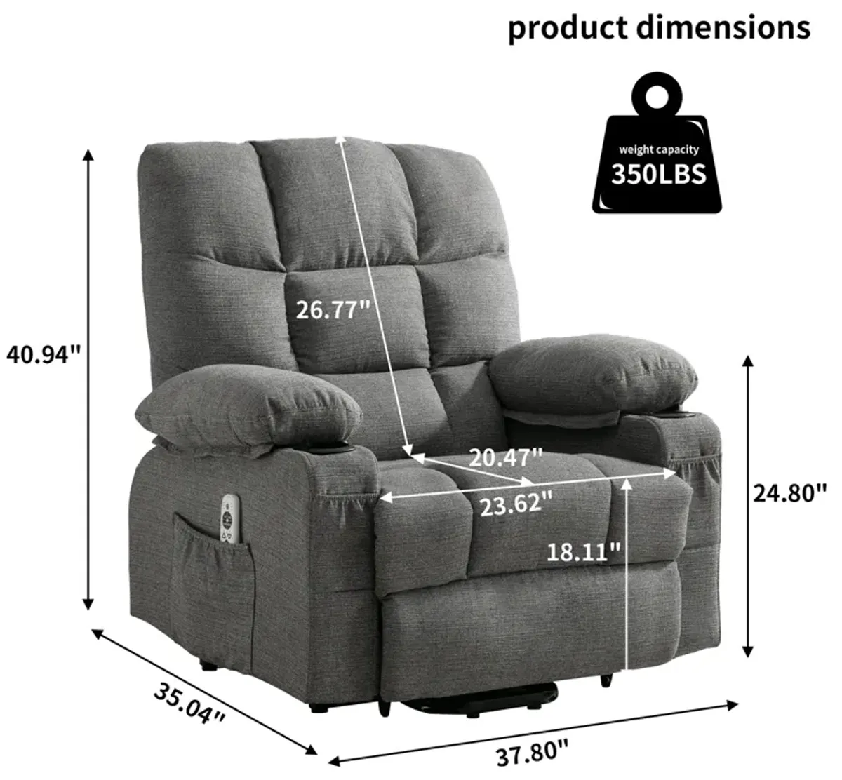 37.8 in. W Fabric Recliner with Remote Control, Tufted and Storage