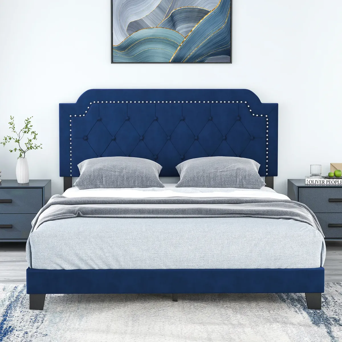 Queen Size Velvet Platform Bed with Button Tufted and Nailhead Trim Headboard