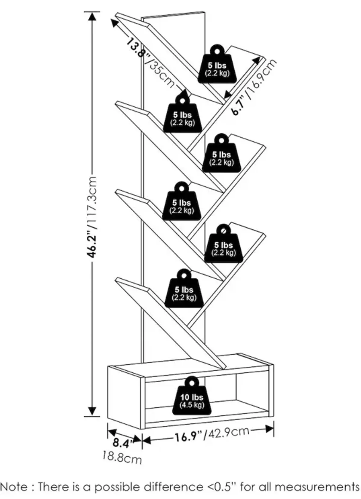 Tree Bookshelf 7-Tier Floor Standing Tree Bookcase with Bin Drawer, White/Black