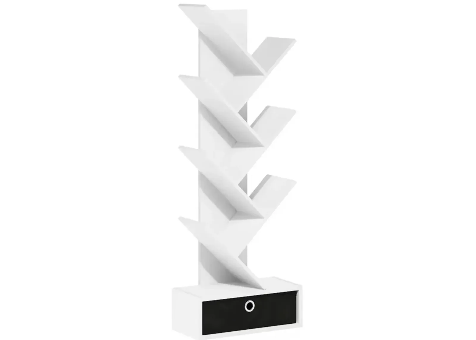 Tree Bookshelf 7-Tier Floor Standing Tree Bookcase with Bin Drawer, White/Black