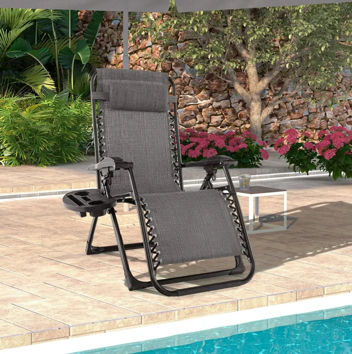 Adjustable Metal Zero Gravity Lounge Chair with Removable Cushion and Cup Holder Tray