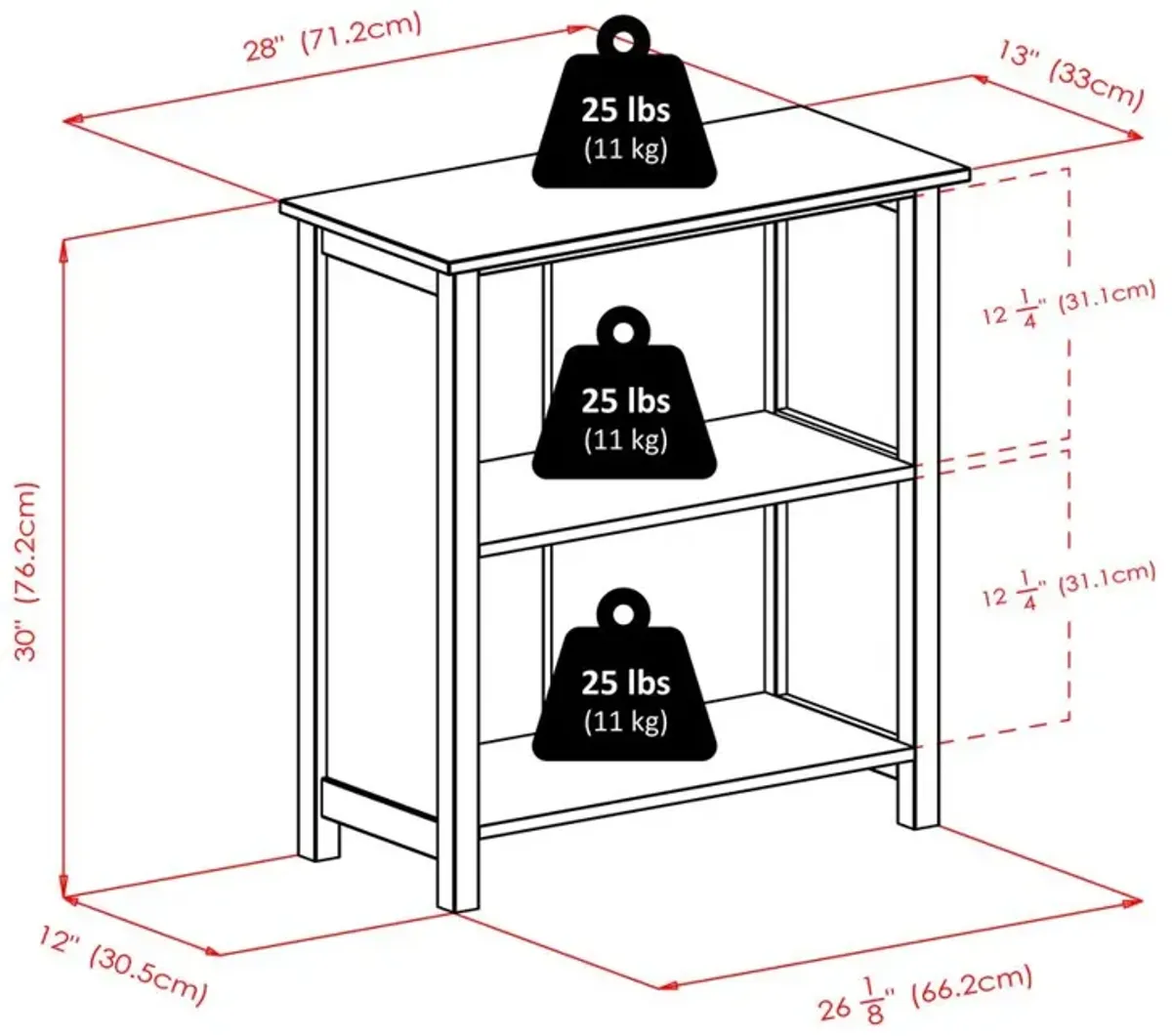 Milan Storage Shelf or Bookcase, 3-Tier, Medium