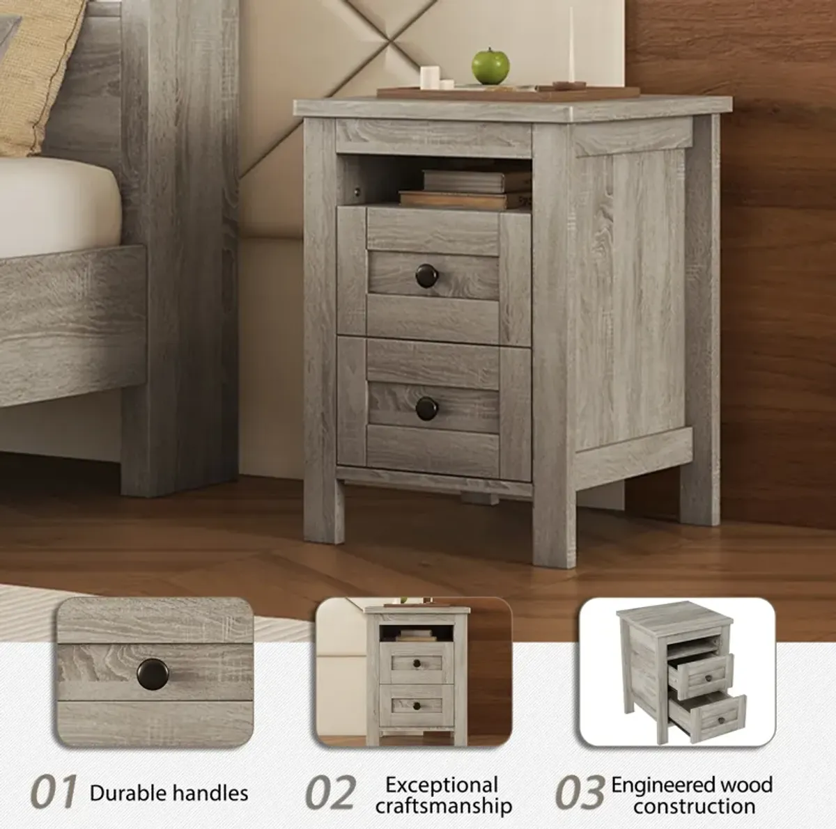 Merax 2-Drawer Farmhouse Wooden Nightstand