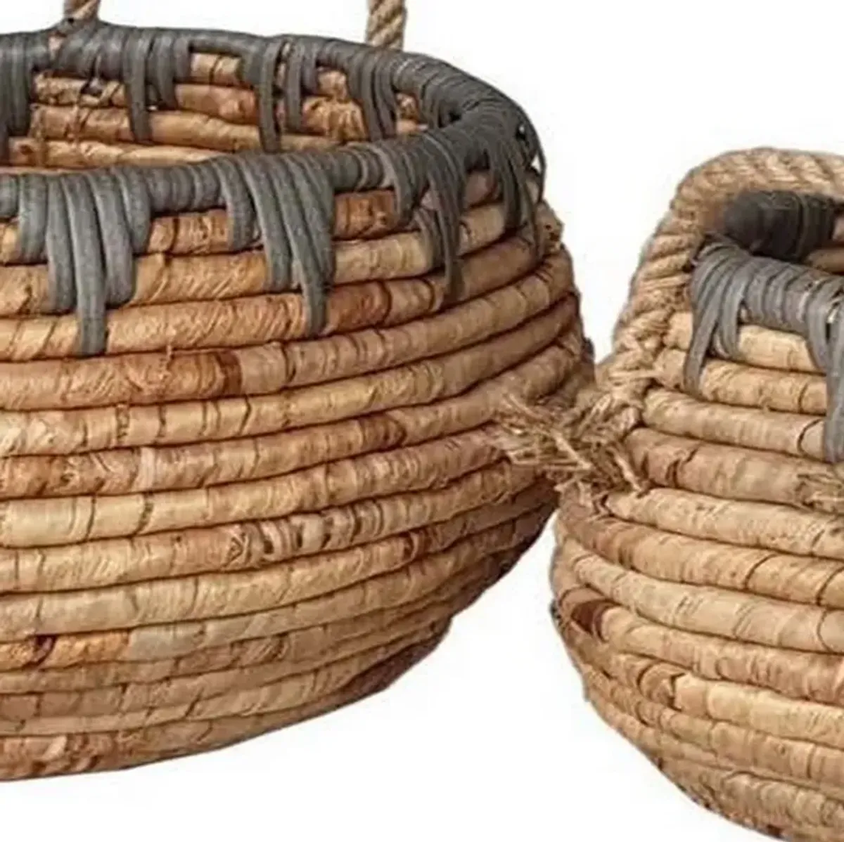 Decorative Storage Basket Set of 2, Handwoven Water Hyacinth Fiber, Brown - Benzara