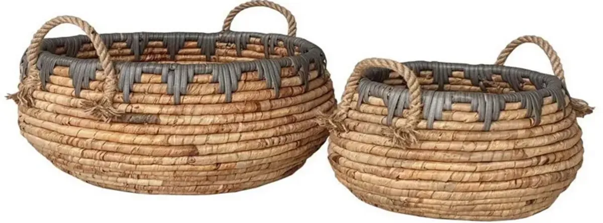 Decorative Storage Basket Set of 2, Handwoven Water Hyacinth Fiber, Brown - Benzara