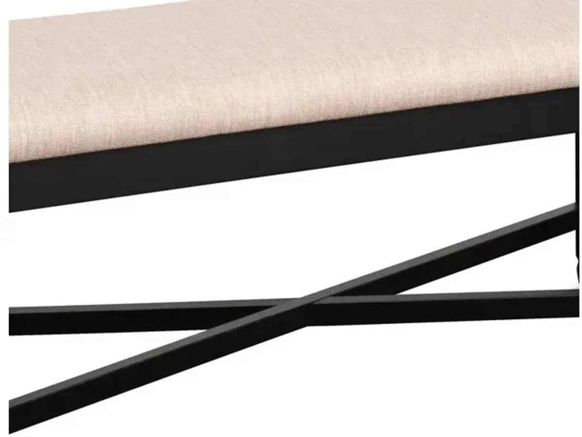 Fabric Dining Bench with Turned Legs and X Shaped Support, Beige and Black - Benzara