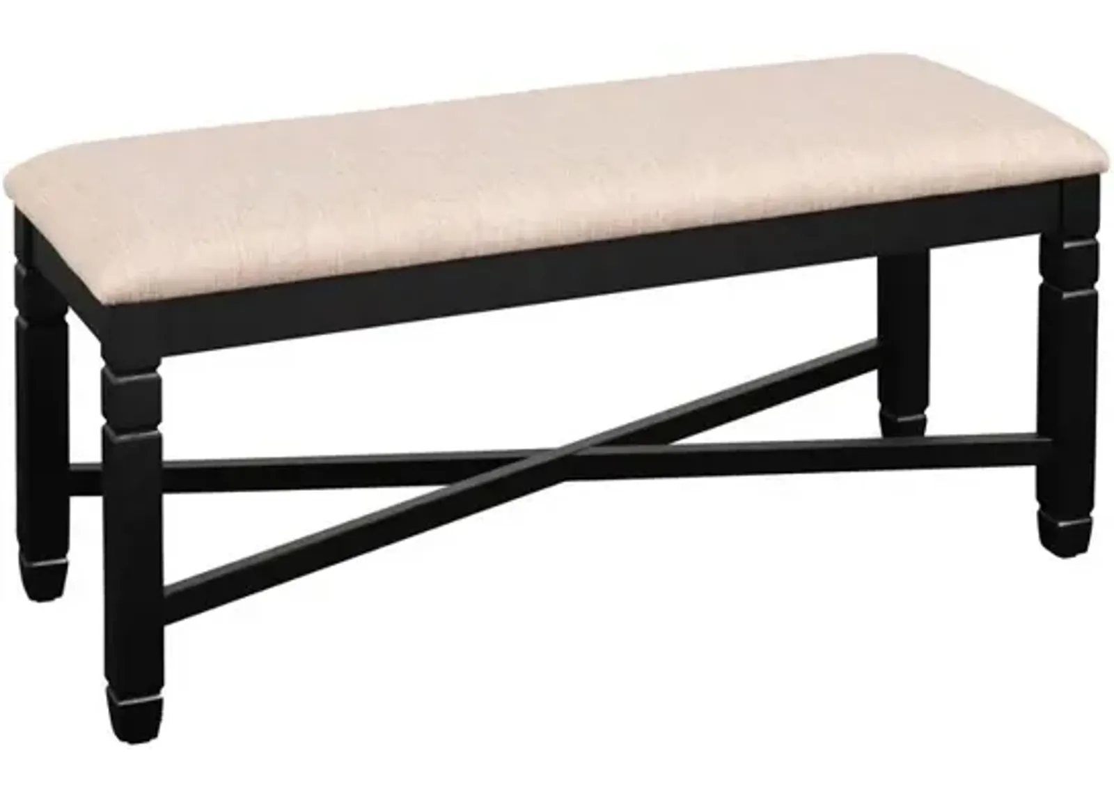 Fabric Dining Bench with Turned Legs and X Shaped Support, Beige and Black - Benzara