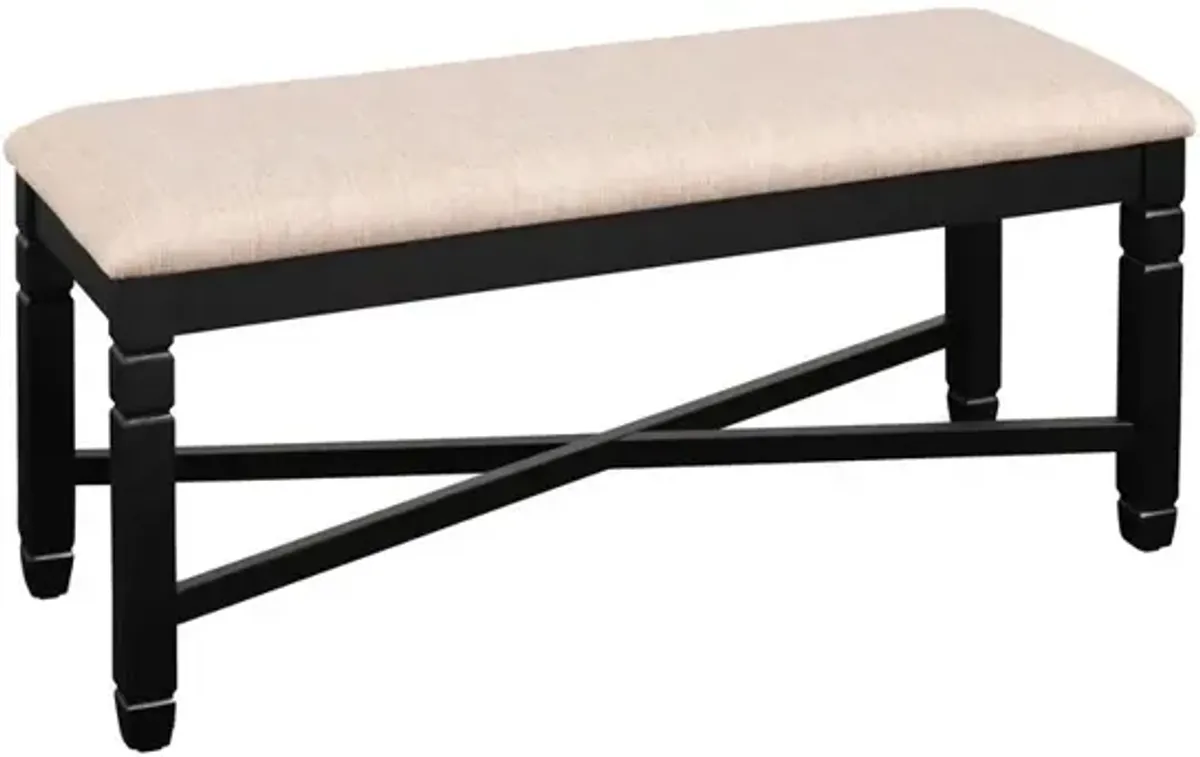 Fabric Dining Bench with Turned Legs and X Shaped Support, Beige and Black - Benzara