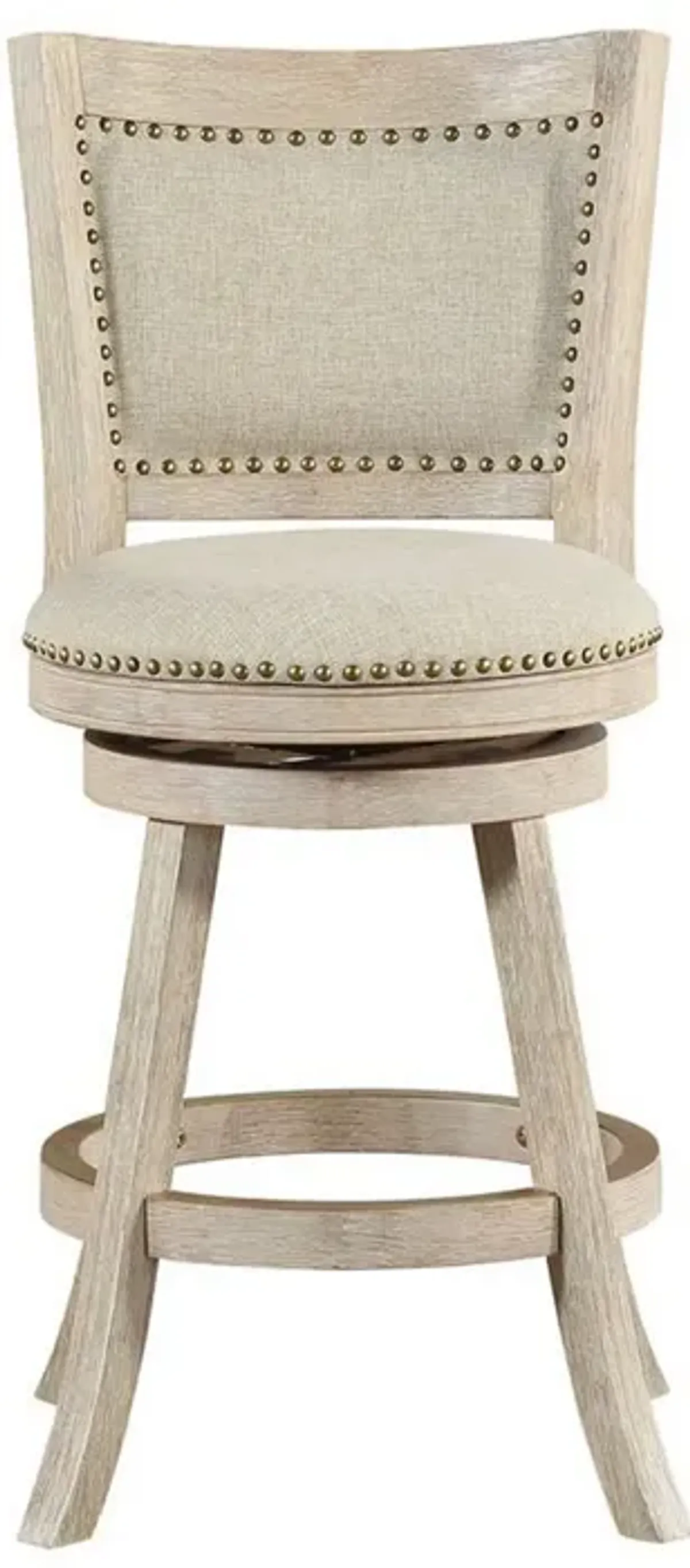 Curved Back Wood Swivel Counter Stool, Nailhead Trim, Driftwood Wire-Brush, Ivory-Benzara