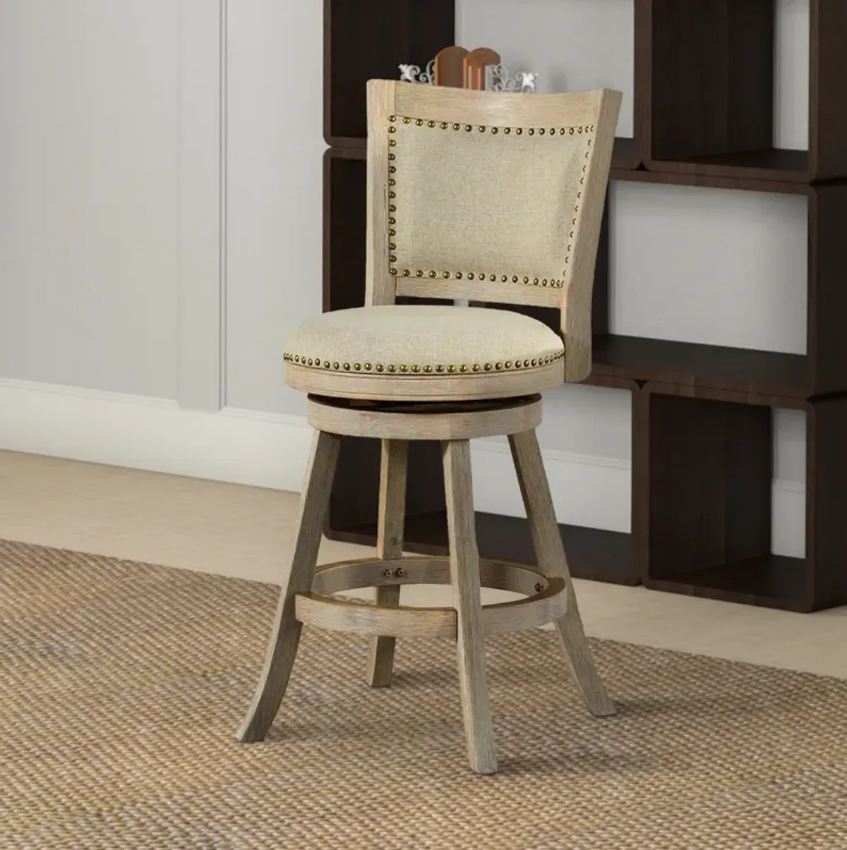 Curved Back Wood Swivel Counter Stool, Nailhead Trim, Driftwood Wire-Brush, Ivory-Benzara