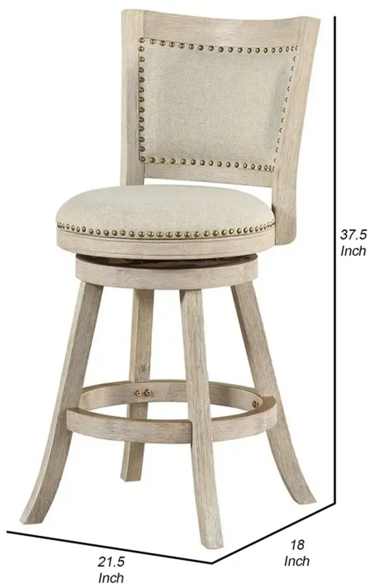 Curved Back Wood Swivel Counter Stool, Nailhead Trim, Driftwood Wire-Brush, Ivory-Benzara