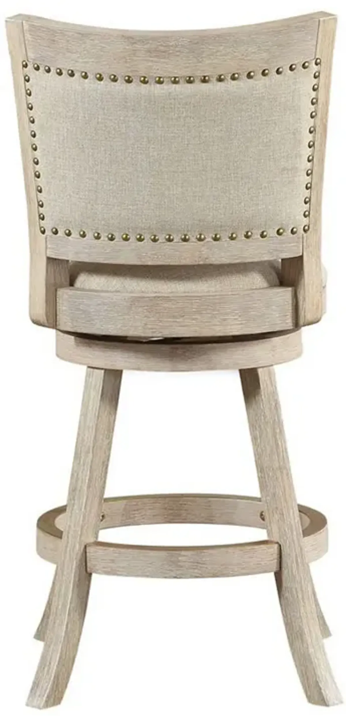 Curved Back Wood Swivel Counter Stool, Nailhead Trim, Driftwood Wire-Brush, Ivory-Benzara