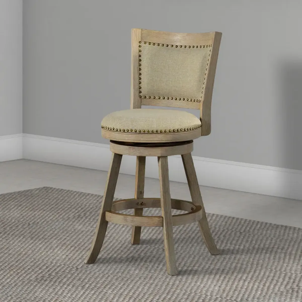 Curved Back Wood Swivel Counter Stool, Nailhead Trim, Driftwood Wire-Brush, Ivory-Benzara