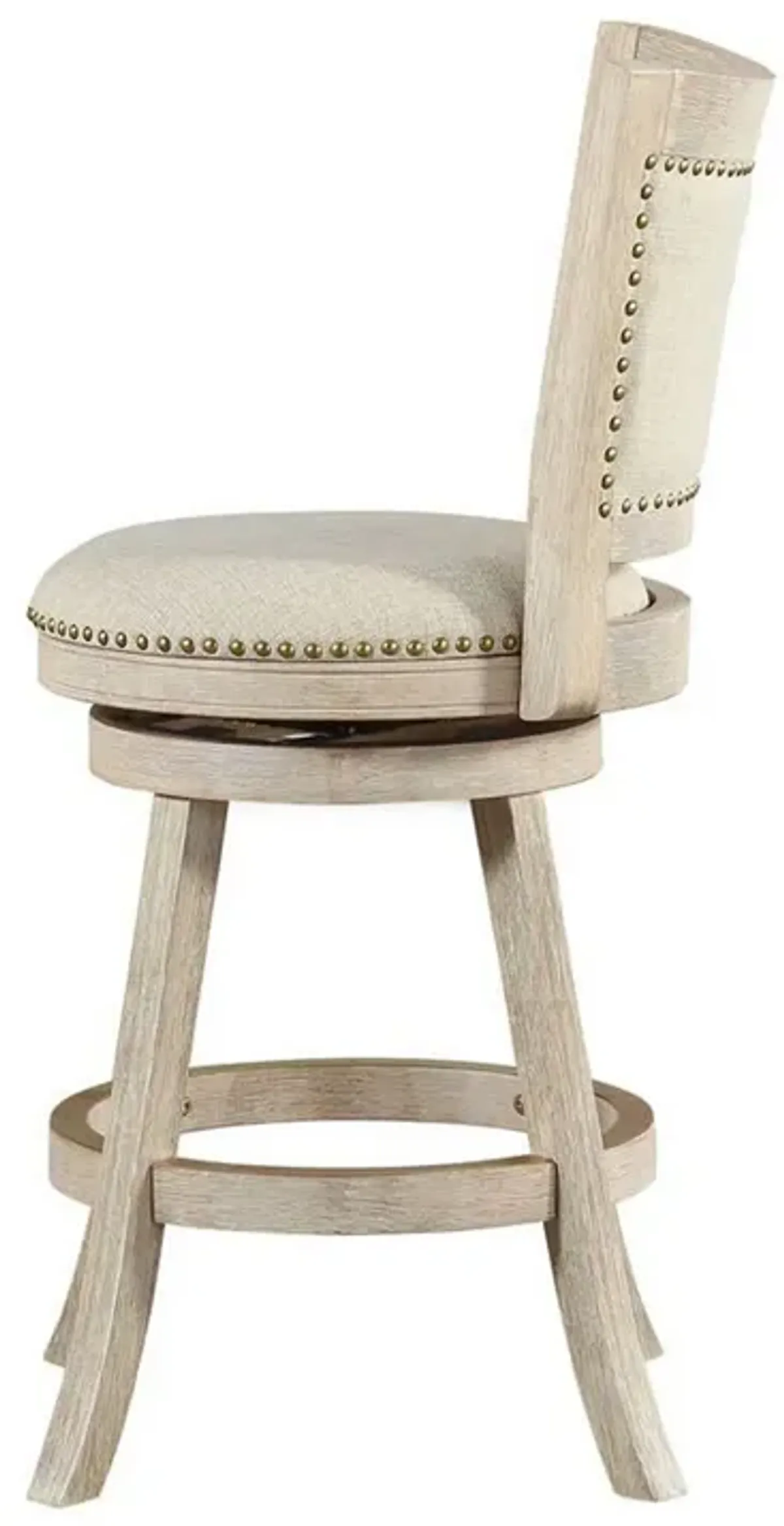 Curved Back Wood Swivel Counter Stool, Nailhead Trim, Driftwood Wire-Brush, Ivory-Benzara