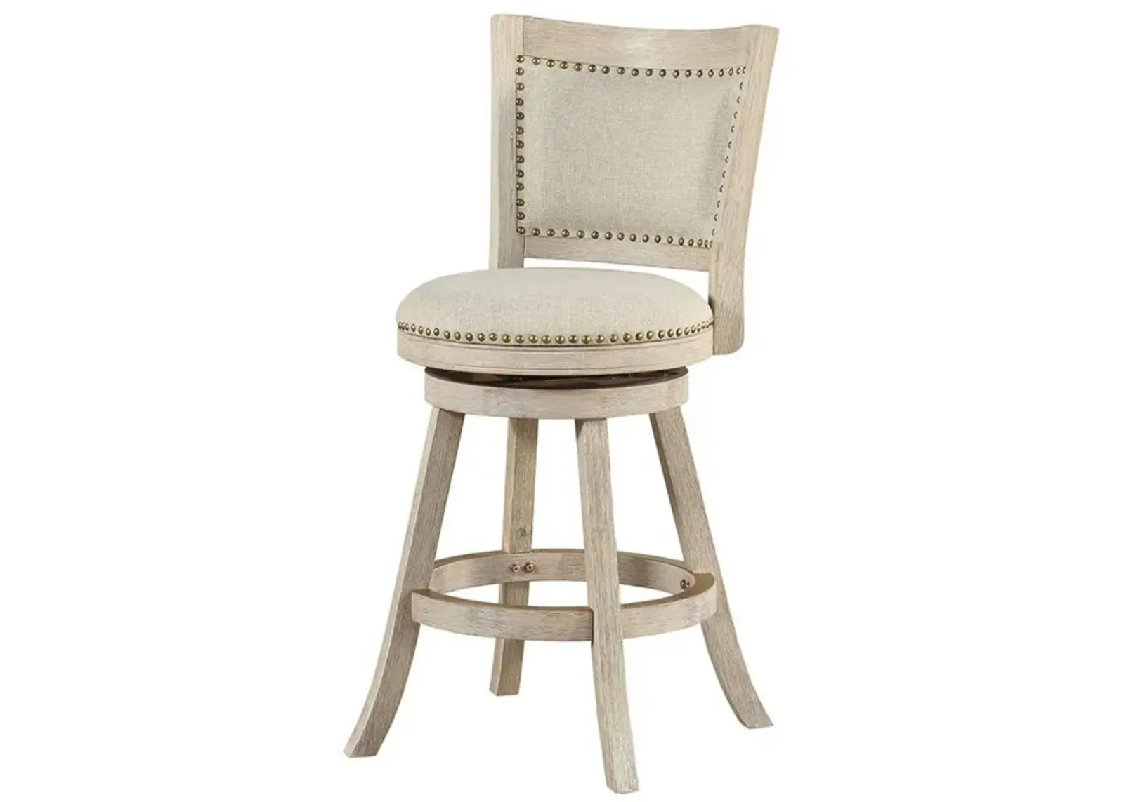 Curved Back Wood Swivel Counter Stool, Nailhead Trim, Driftwood Wire-Brush, Ivory-Benzara