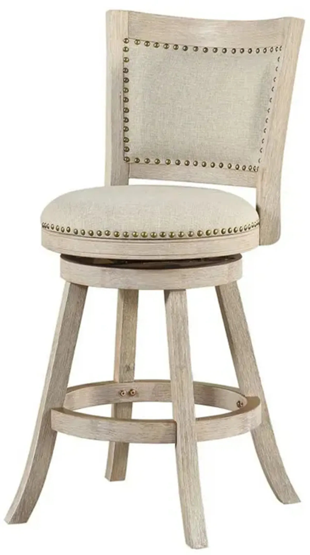 Curved Back Wood Swivel Counter Stool, Nailhead Trim, Driftwood Wire-Brush, Ivory-Benzara