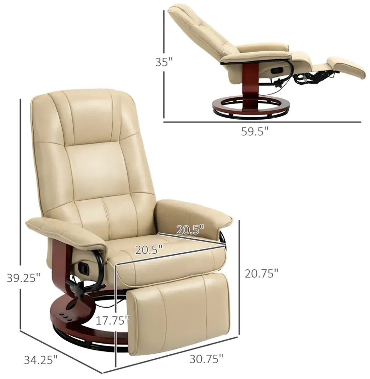 HOMCOM Faux Leather Manual Recliner, Adjustable Swivel Lounge Chair with Footrest, Armrest and Wrapped Wood Base for Living Room, Cream White