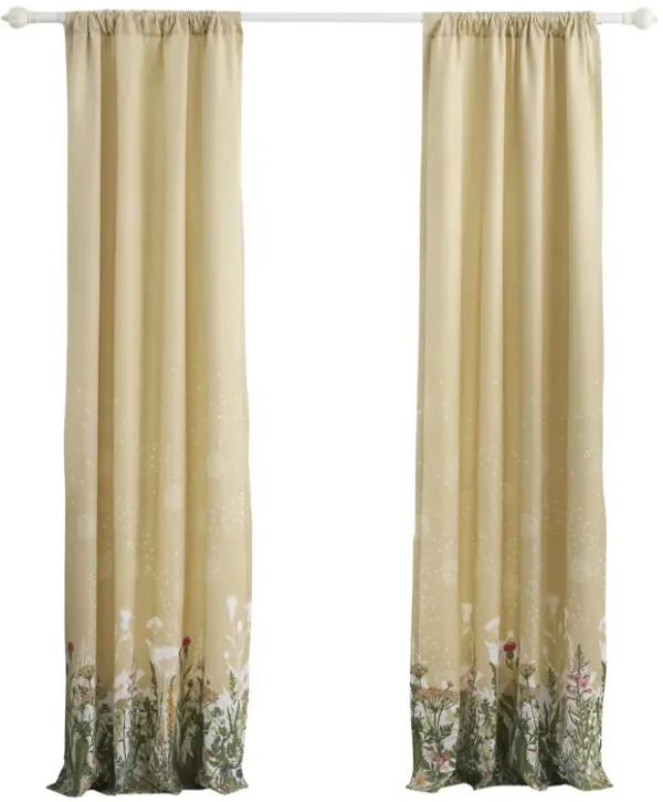 84 Inch Window Curtains, Beige Microfiber Fabric, Wildflower Print Design - Benzara