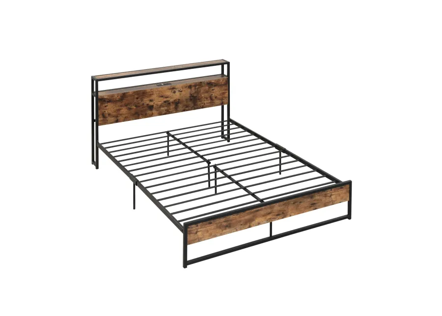 Bed Frame with 2-Tier Storage Headboard and Charging Station