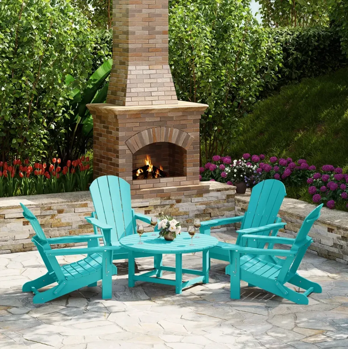 WestinTrends 5-Piece HDPE Folding Adirondack Chair Outdoor Patio Conversation Set