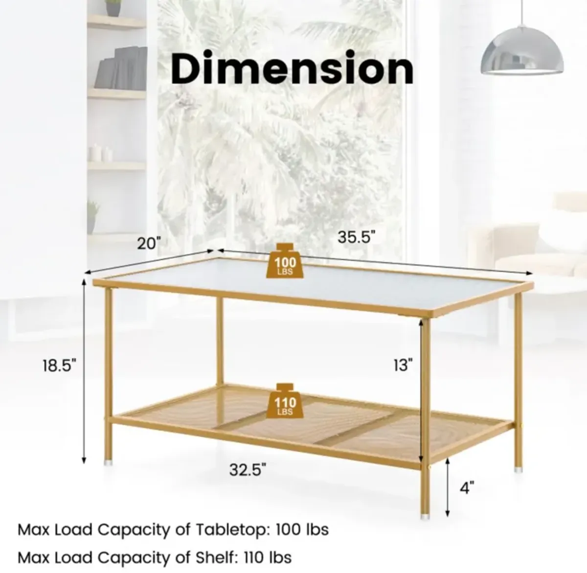 Hivvago 2-Tier Coffee Table with Shelf Center Tea Table with Tempered Glass Top