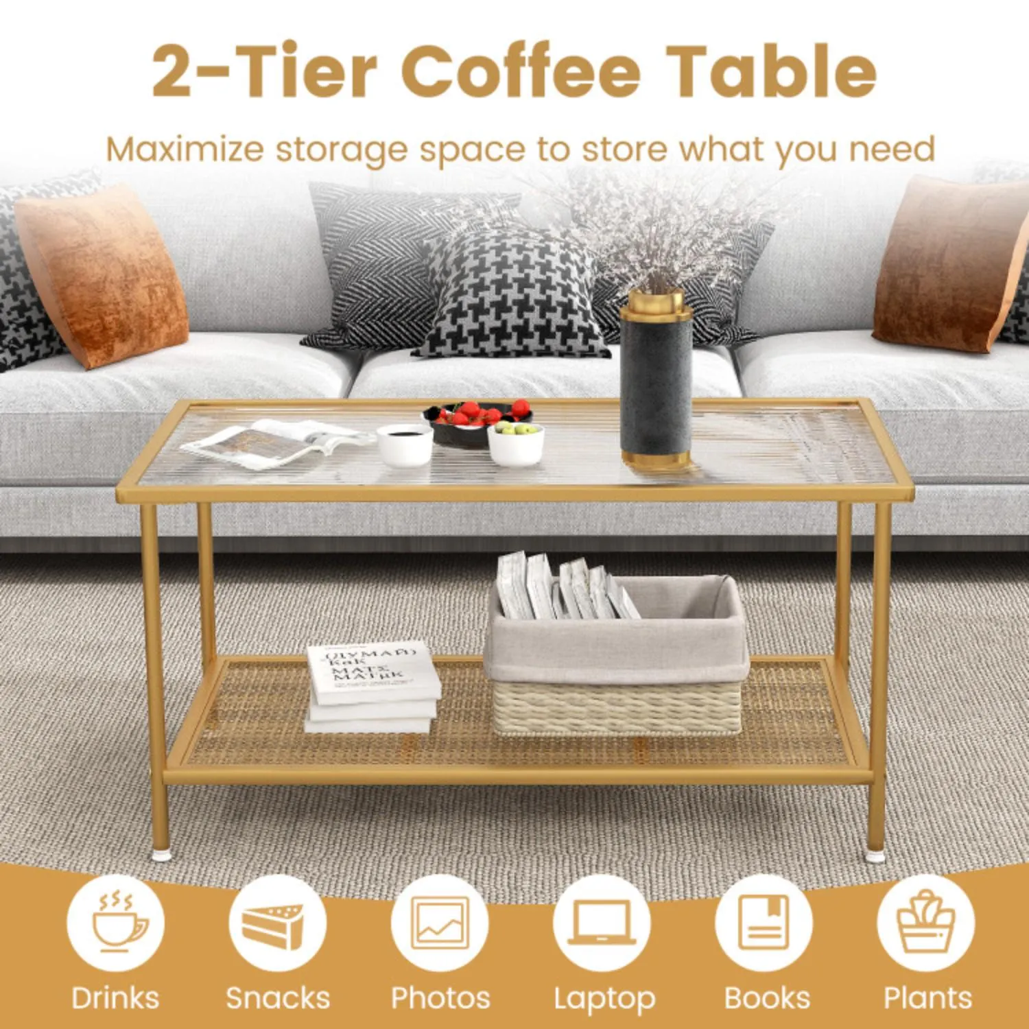 Hivvago 2-Tier Coffee Table with Shelf Center Tea Table with Tempered Glass Top