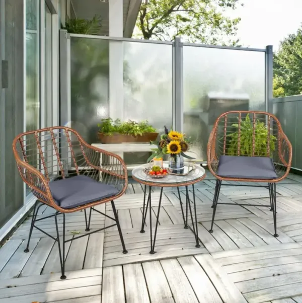 Hivvago 3 Pieces Patio Rattan Bistro Set with Cushion