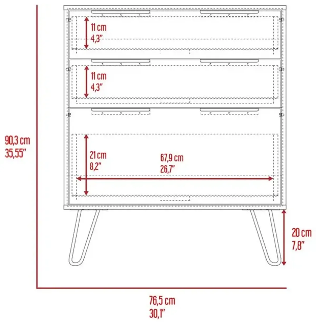 DEPOT E-SHOP Saffron Dresser- Three Drawers, Countertop, Four Steel Legs-Light Oak, For Bedroom