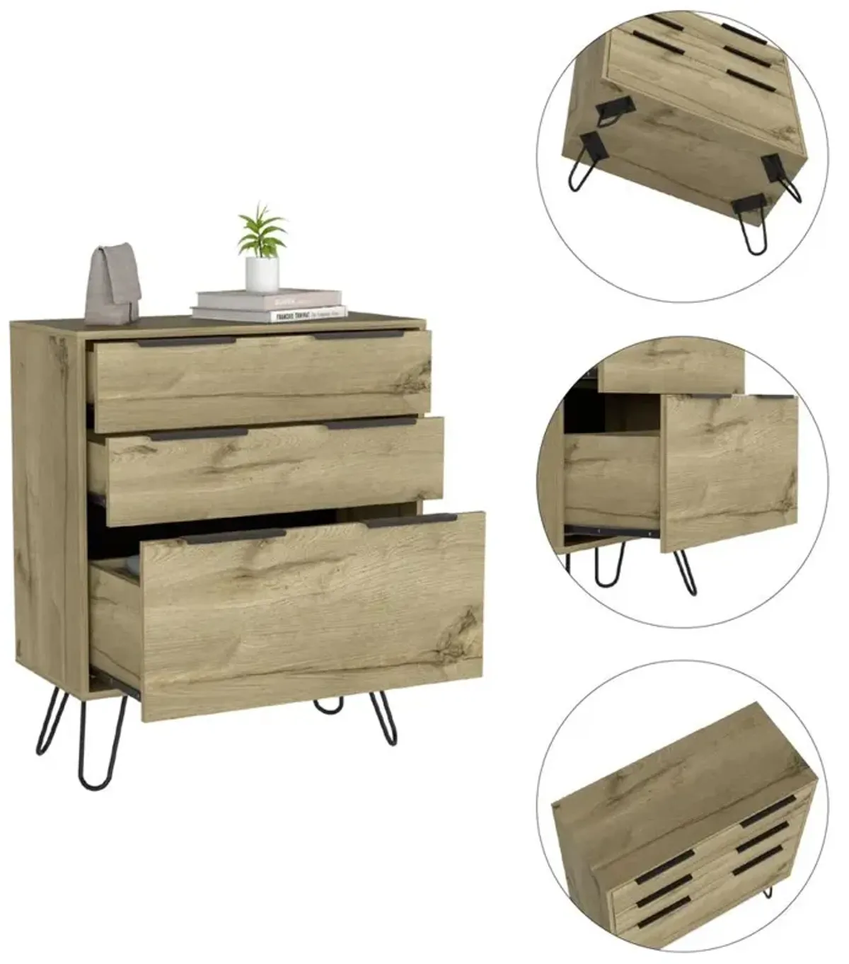 DEPOT E-SHOP Saffron Dresser- Three Drawers, Countertop, Four Steel Legs-Light Oak, For Bedroom