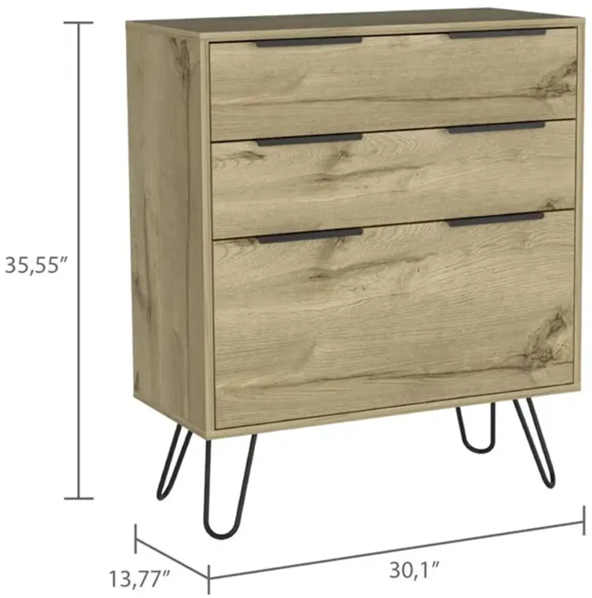 DEPOT E-SHOP Saffron Dresser- Three Drawers, Countertop, Four Steel Legs-Light Oak, For Bedroom