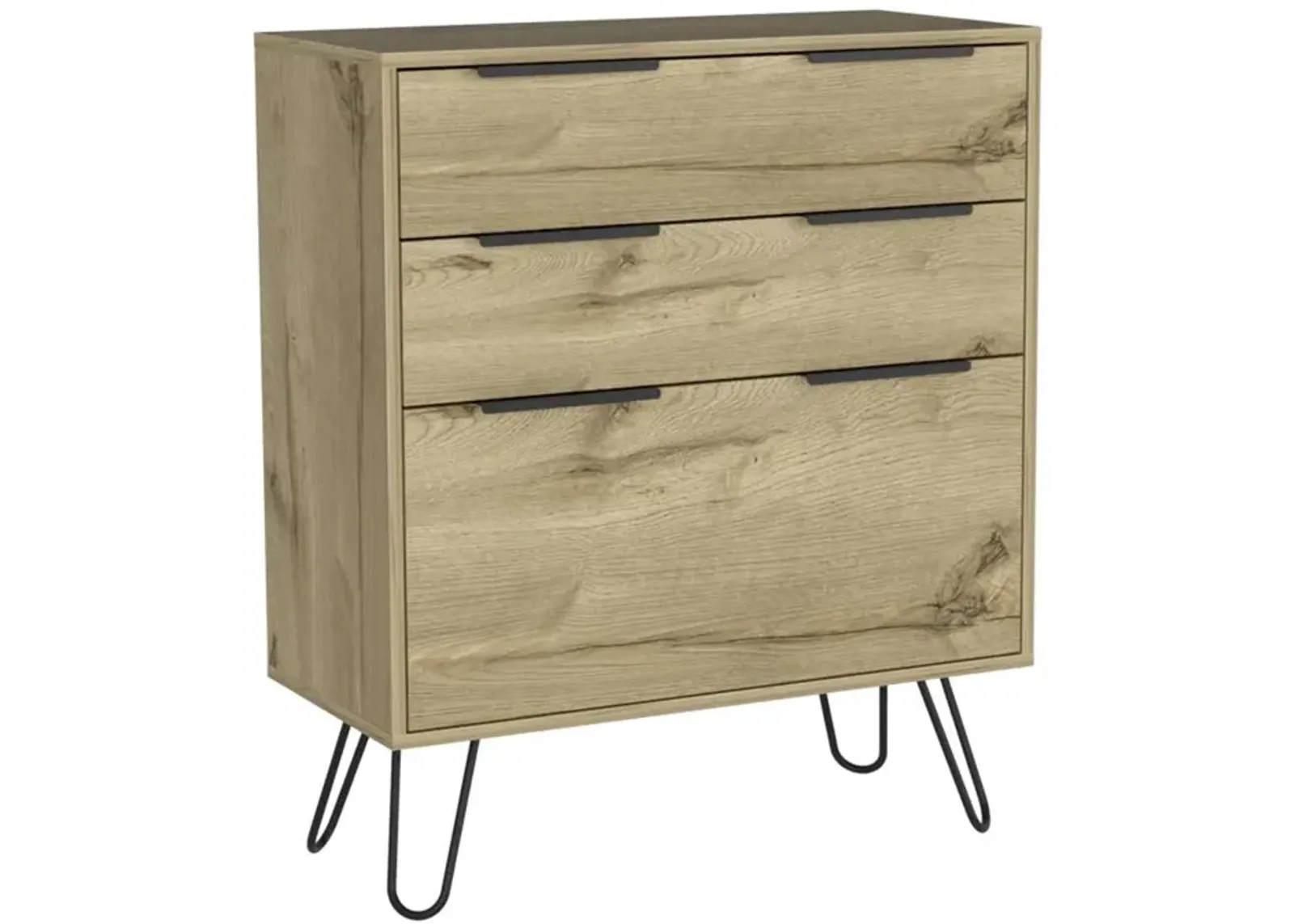 DEPOT E-SHOP Saffron Dresser- Three Drawers, Countertop, Four Steel Legs-Light Oak, For Bedroom