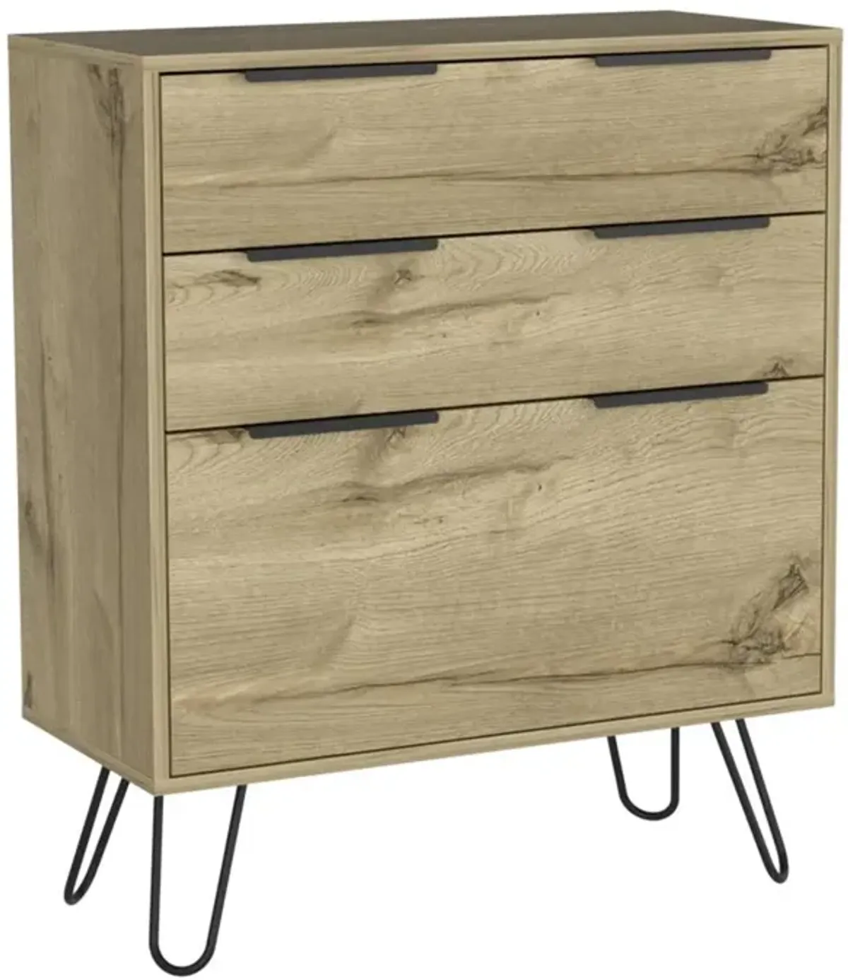 DEPOT E-SHOP Saffron Dresser- Three Drawers, Countertop, Four Steel Legs-Light Oak, For Bedroom