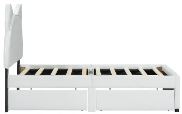 Platform Bed with Cartoon Ear-Shaped Headboard and Two Drawers for Cute and Functional Bedroom Storage