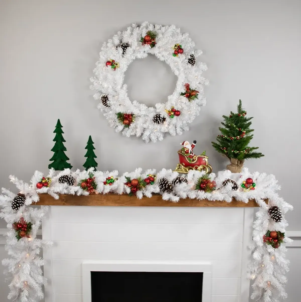 Pre-Lit LED White Canadian Pine Artificial Christmas Wreath  30-Inch  Clear Lights