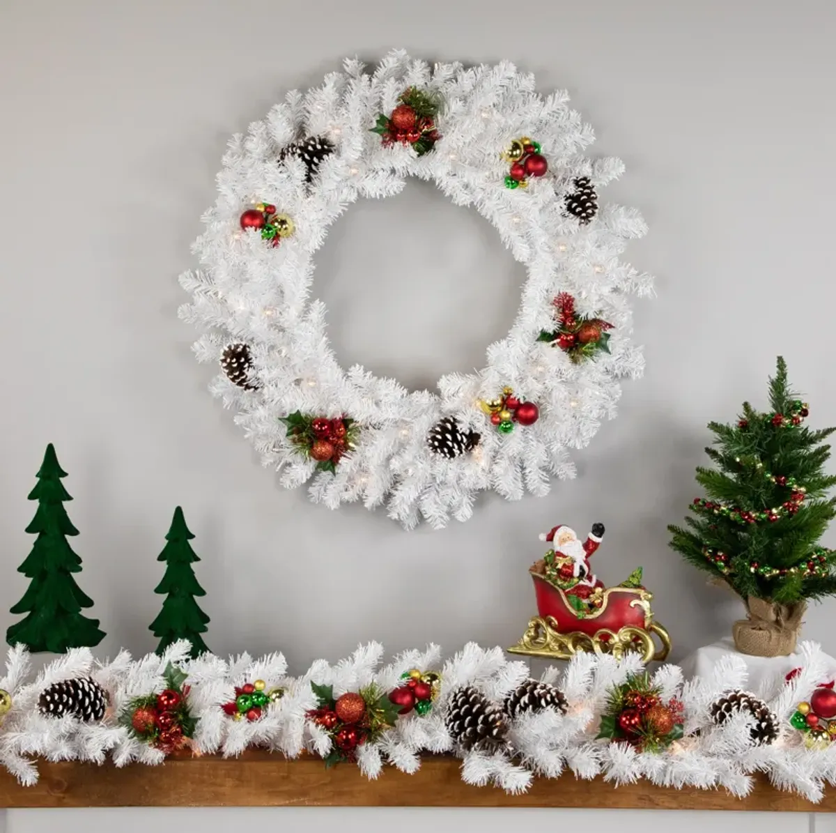 Pre-Lit LED White Canadian Pine Artificial Christmas Wreath  30-Inch  Clear Lights