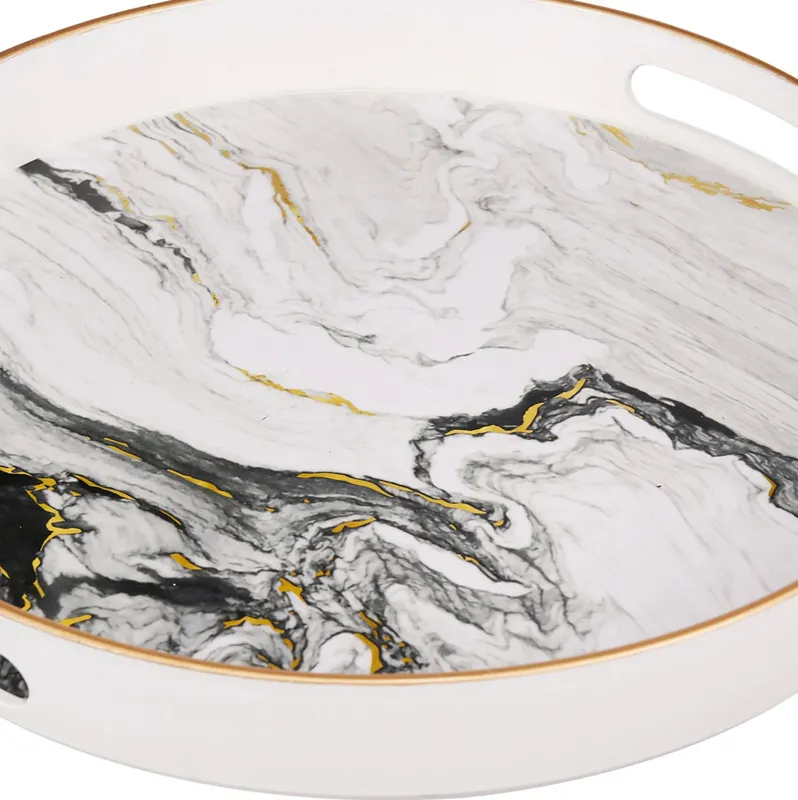 Set of 2 Round Accent Trays, Tabletop Decor, Marbling, Black, White, Gold - Benzara