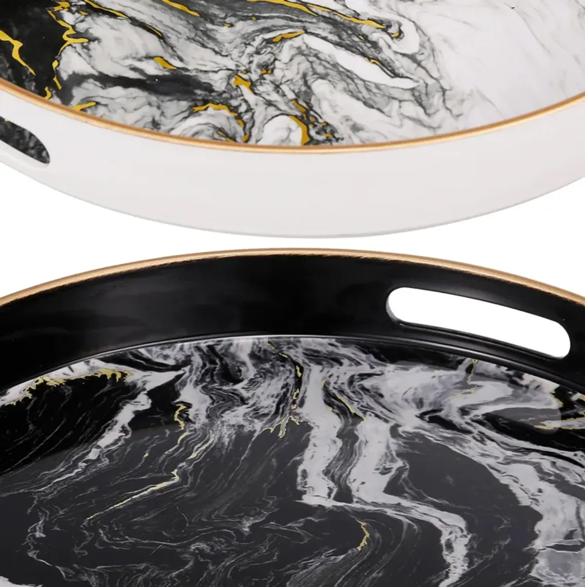 Set of 2 Round Accent Trays, Tabletop Decor, Marbling, Black, White, Gold - Benzara