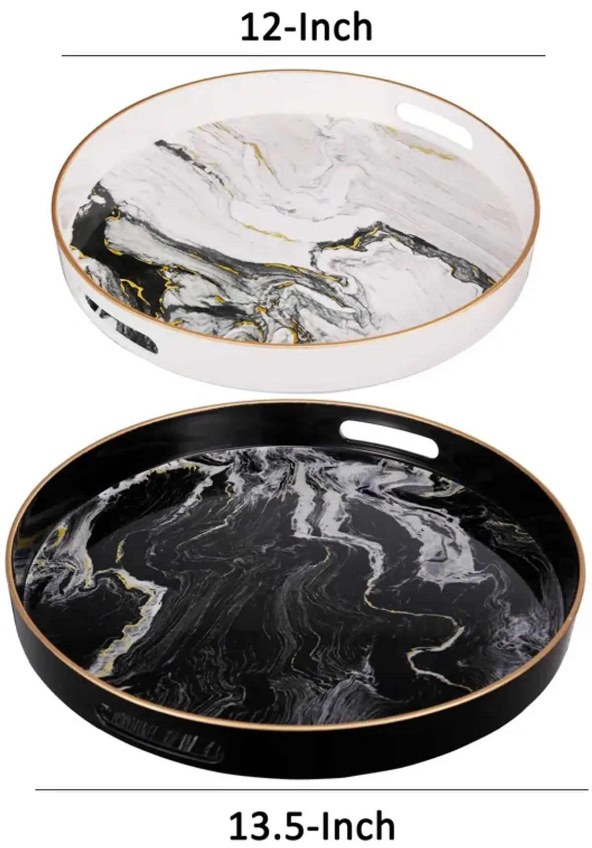 Set of 2 Round Accent Trays, Tabletop Decor, Marbling, Black, White, Gold - Benzara