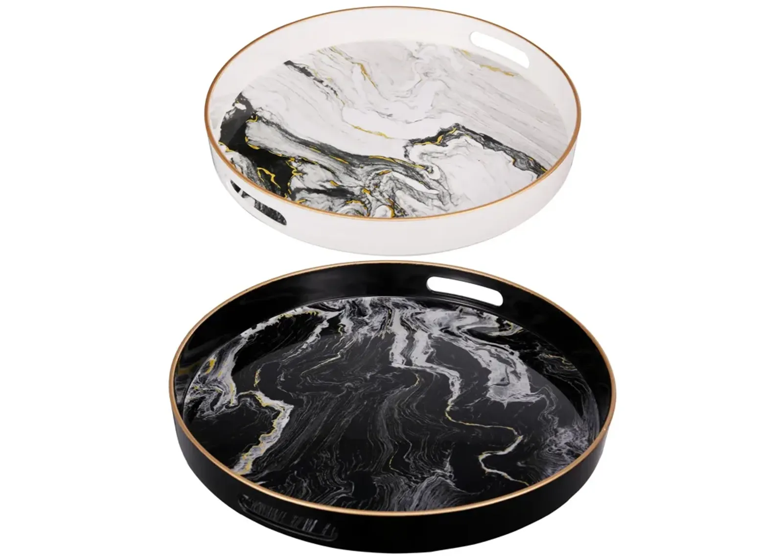 Set of 2 Round Accent Trays, Tabletop Decor, Marbling, Black, White, Gold - Benzara