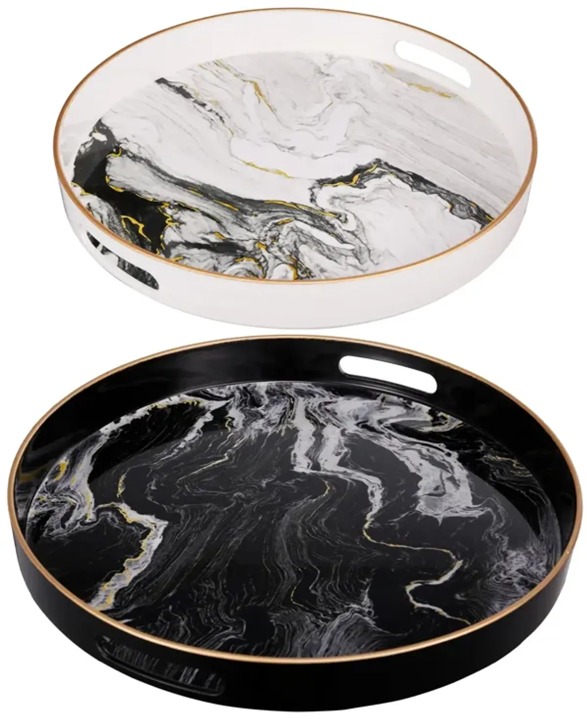 Set of 2 Round Accent Trays, Tabletop Decor, Marbling, Black, White, Gold - Benzara