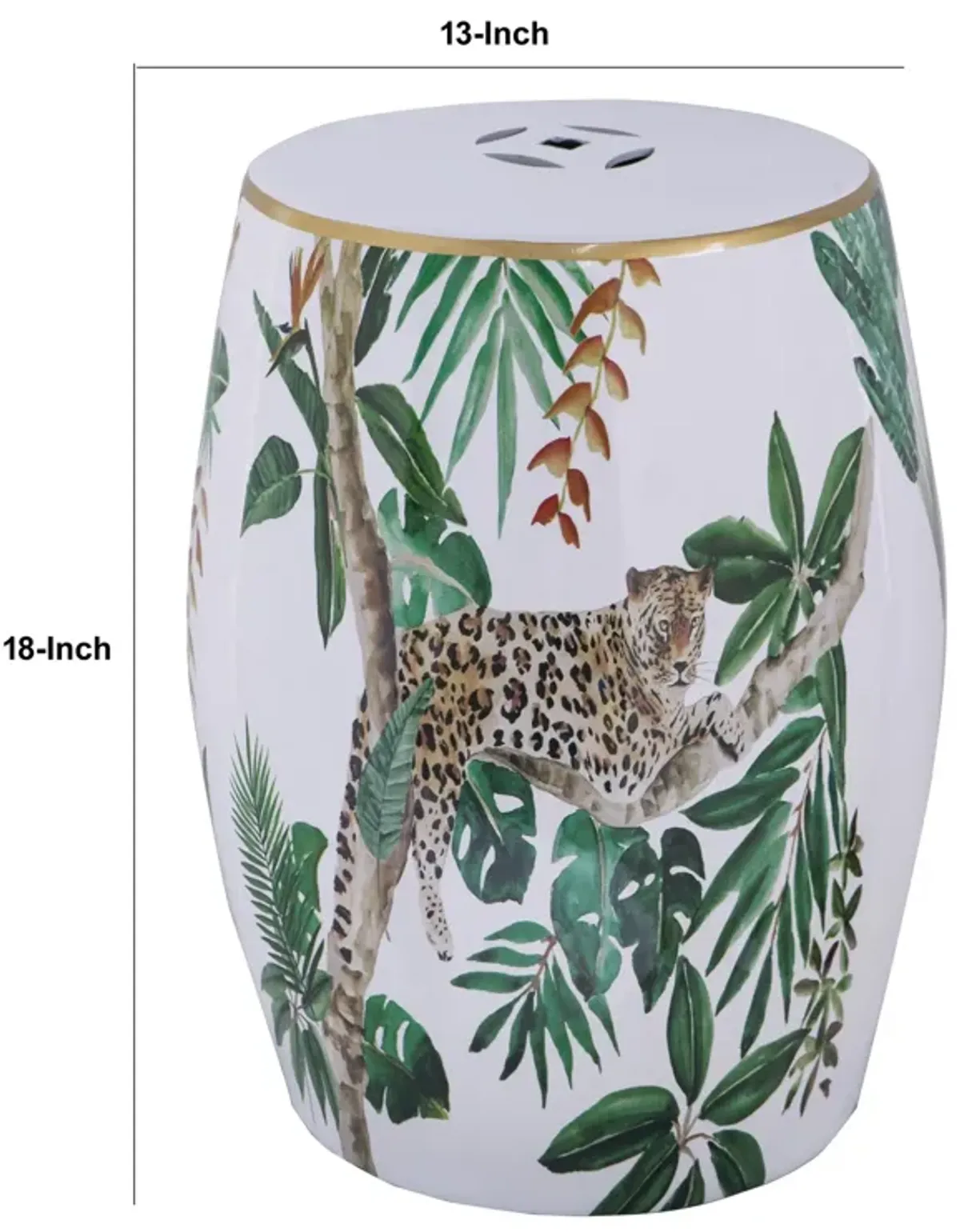 18 Inch Ceramic Accent Table, Drum Shape, Tropical Print, White, Green - Benzara