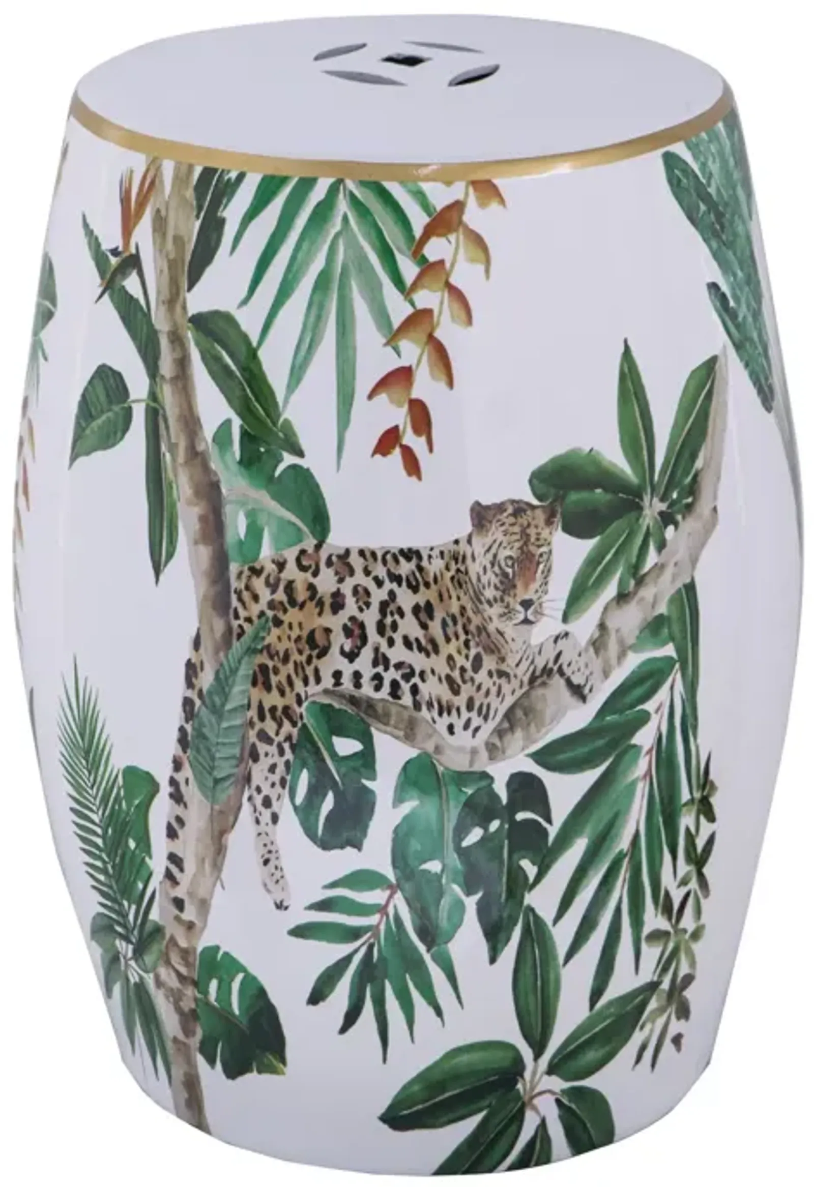 18 Inch Ceramic Accent Table, Drum Shape, Tropical Print, White, Green - Benzara