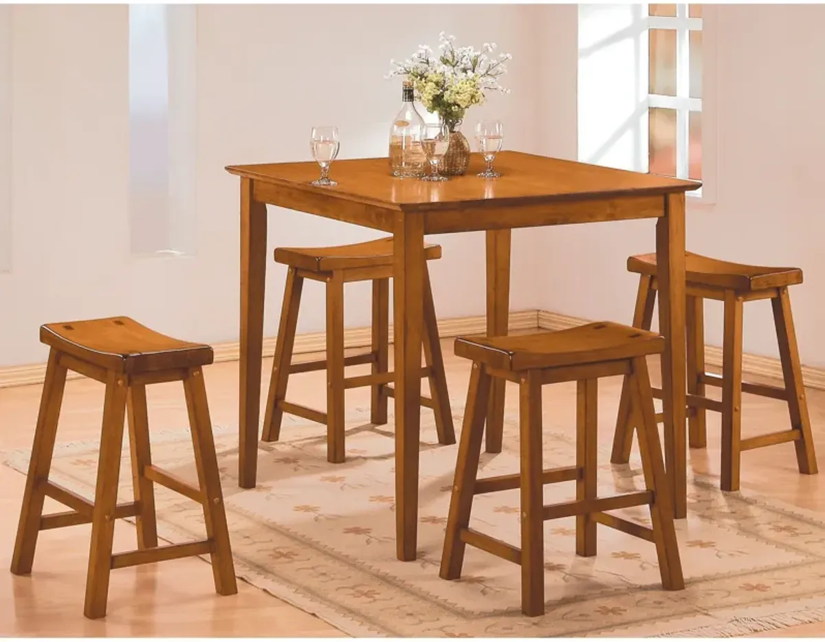 Wooden 29" Counter Height Stool with Saddle Seat, Oak Brown, Set Of 2-Benzara