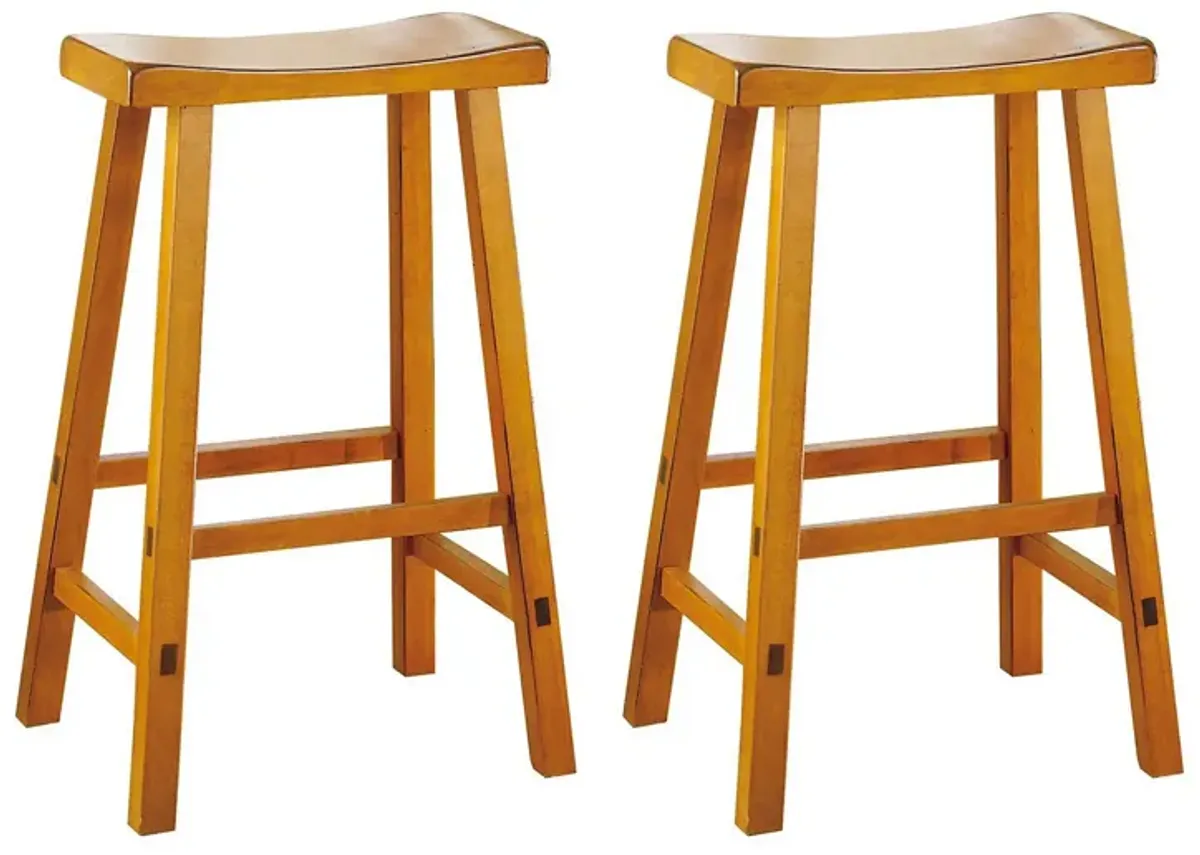 Wooden 29" Counter Height Stool with Saddle Seat, Oak Brown, Set Of 2-Benzara